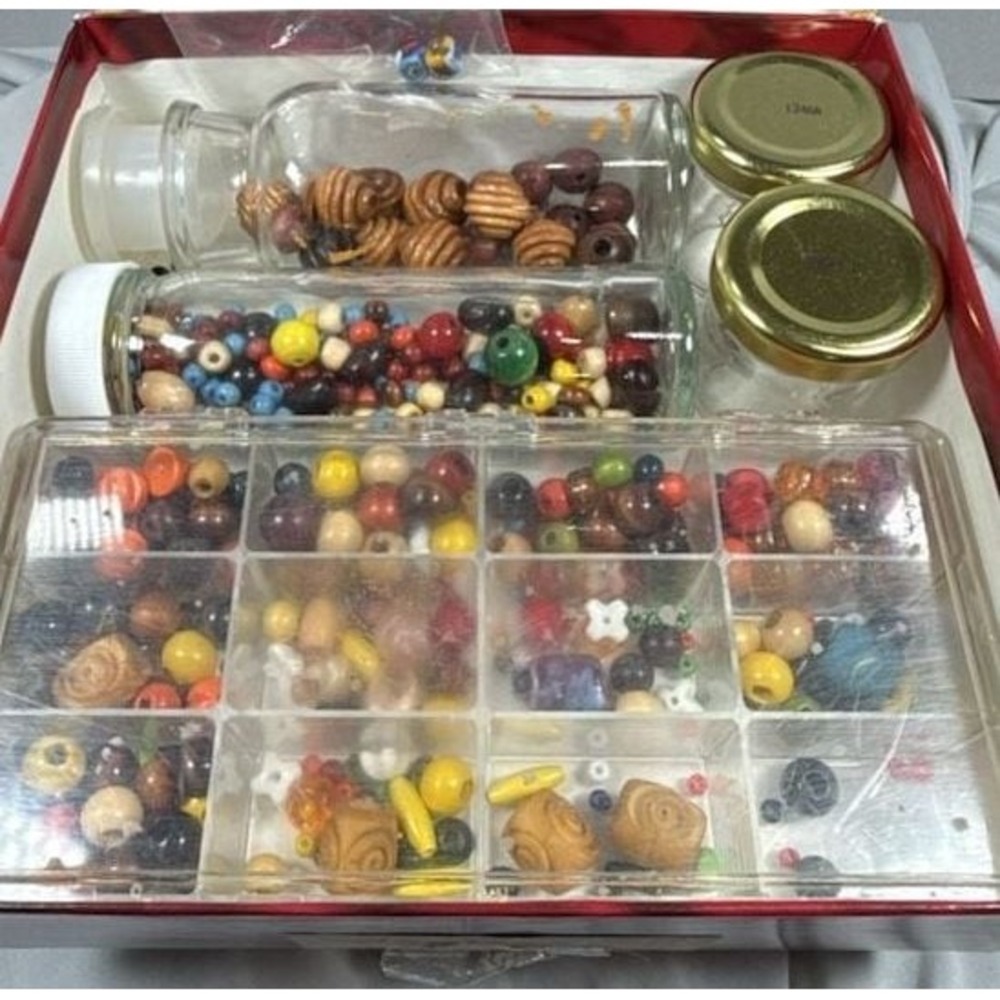 Vintage Assorted Beads Wood and Venetian Beads with vintage glass bottles